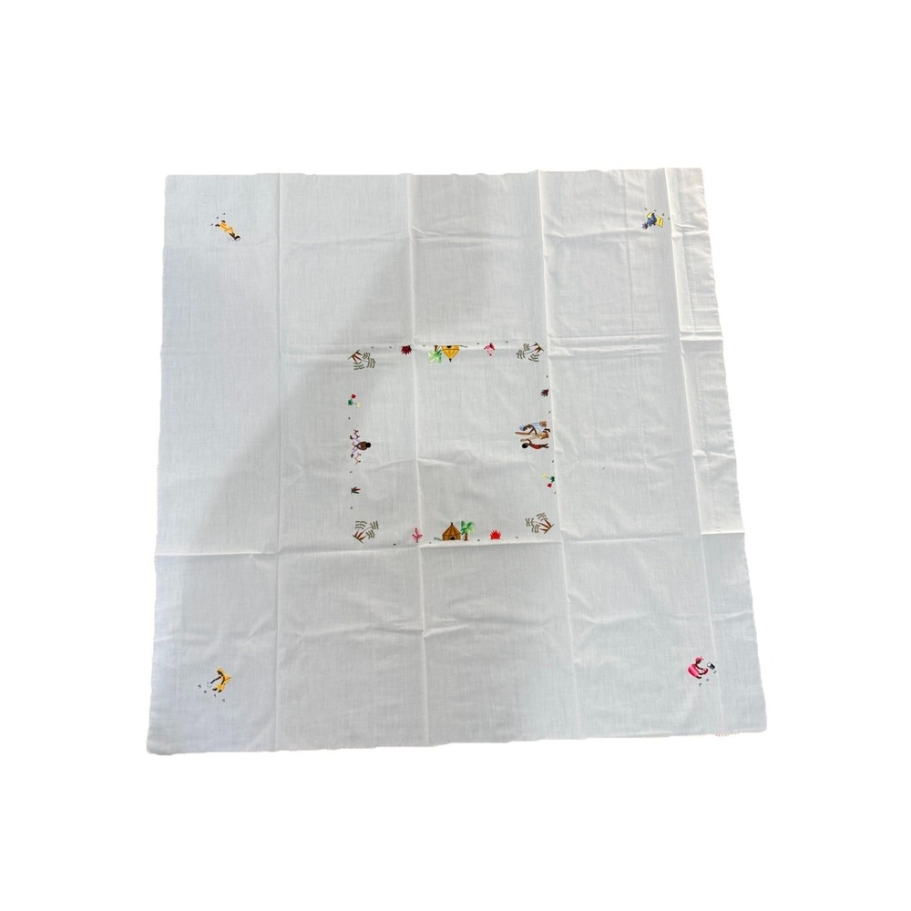 VTG Rare MCM Mid Century Modern Folk Art Cotton Tablecloth & 6 Napkins‎ Tropical
